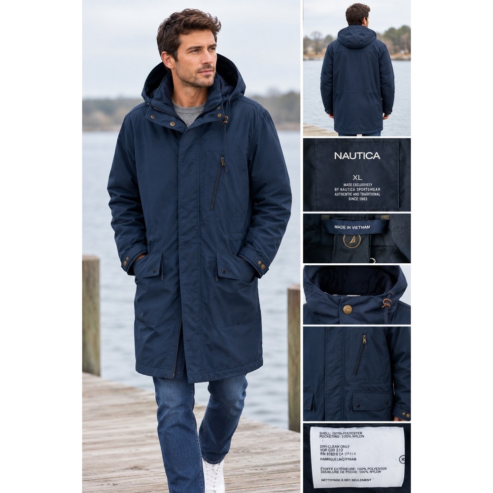 Nautica Sportswear Mens XL Navy Blue Hooded Parka Long Jacket VDR C09 310